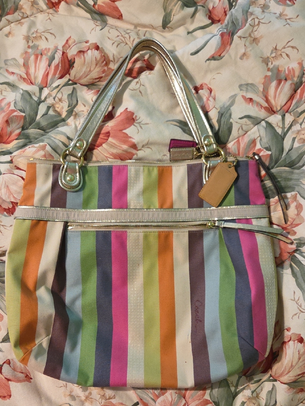Striped Multicolor Coach Tote Handbag - Gold Trim
